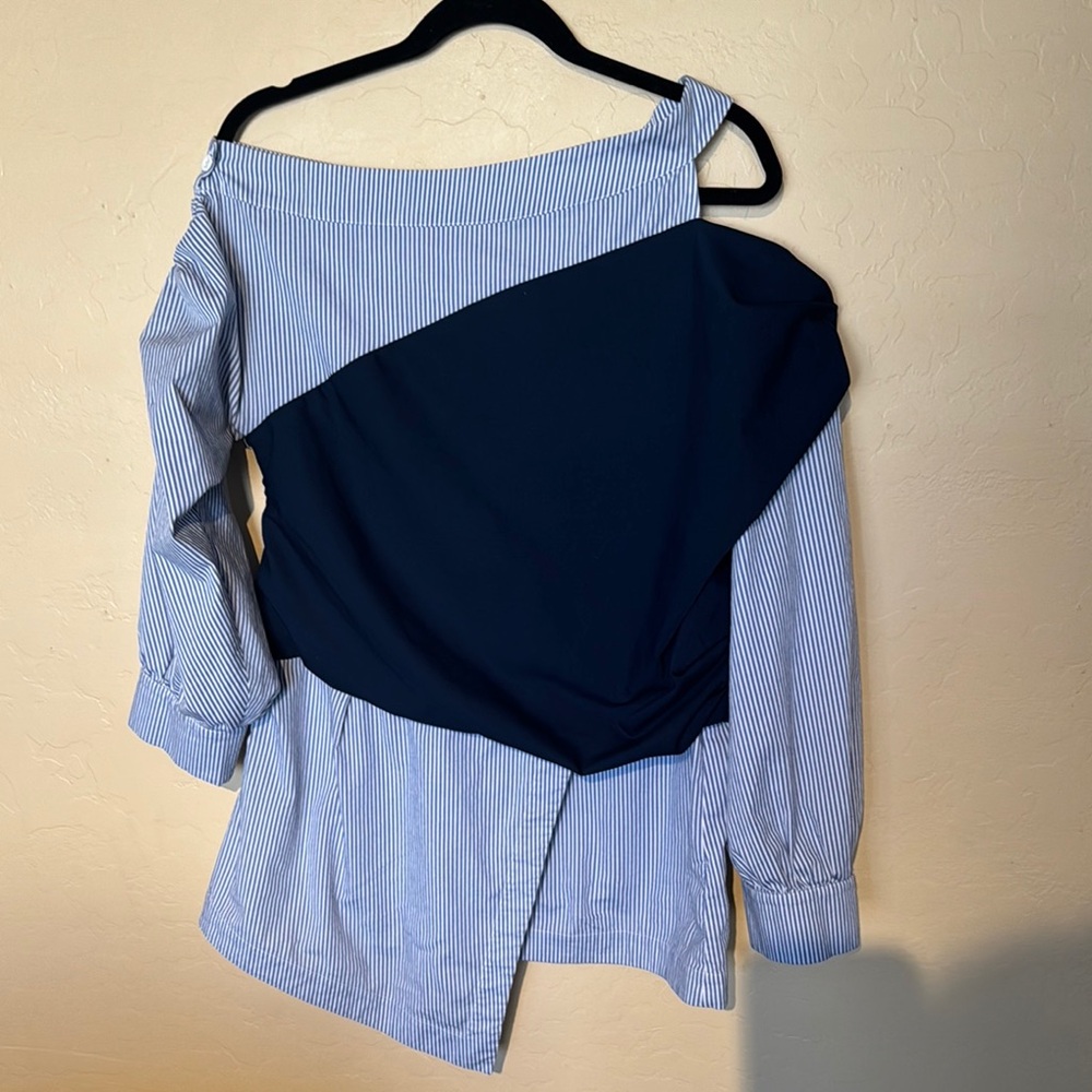 Asymmetrical Blue and Black Striped Blouse